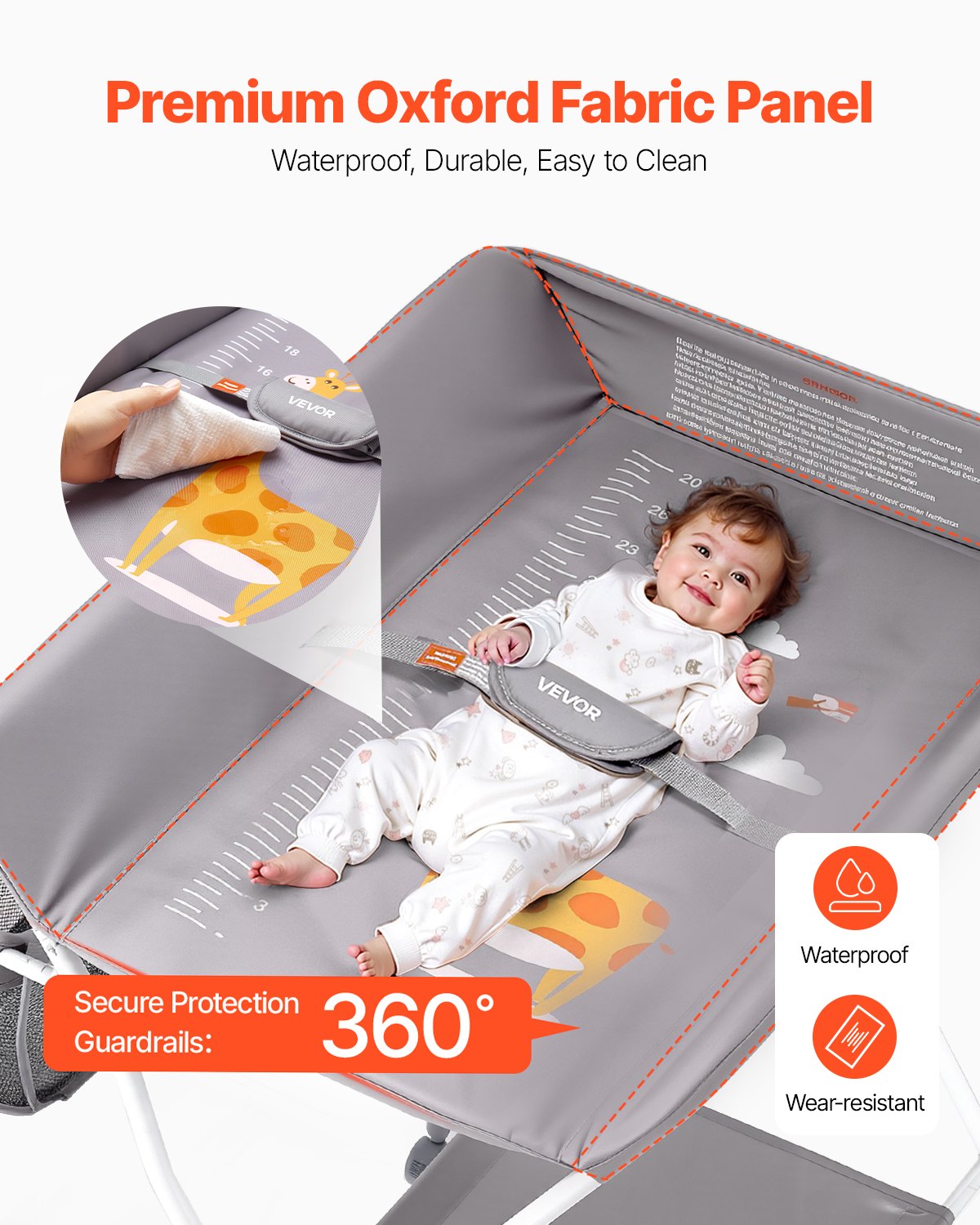 Skötbord, hopfällbar blöjbytesstation med sidokorg, justerbar höjd, bärbart skötbord med låsbara hjul, multifunktionell förvaringsorganisatör för barnrum, ljusgrå