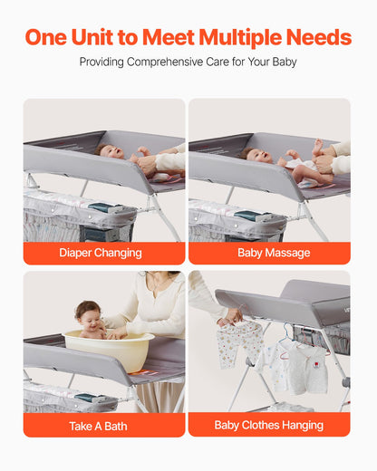 Skötbord, hopfällbar blöjbytesstation med sidokorg, justerbar höjd, bärbart skötbord med låsbara hjul, multifunktionell förvaringsorganisatör för barnrum, ljusgrå