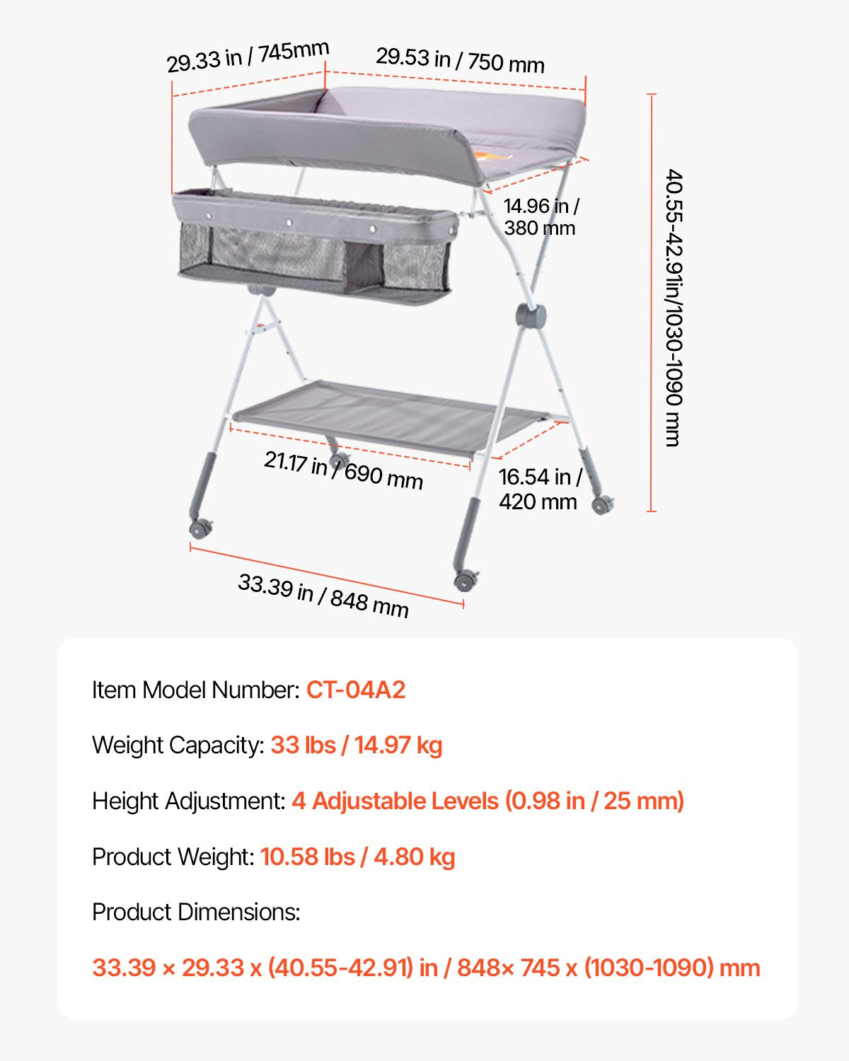 Skötbord, hopfällbar blöjbytesstation med sidokorg, justerbar höjd, bärbart skötbord med låsbara hjul, multifunktionell förvaringsorganisatör för barnrum, ljusgrå