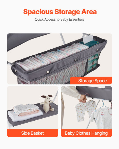 Skötbord, hopfällbar blöjbytesstation med sidokorg, justerbar höjd, bärbart skötbord med låsbara hjul, multifunktionell förvaringsorganisatör för barnrum, mörkgrå