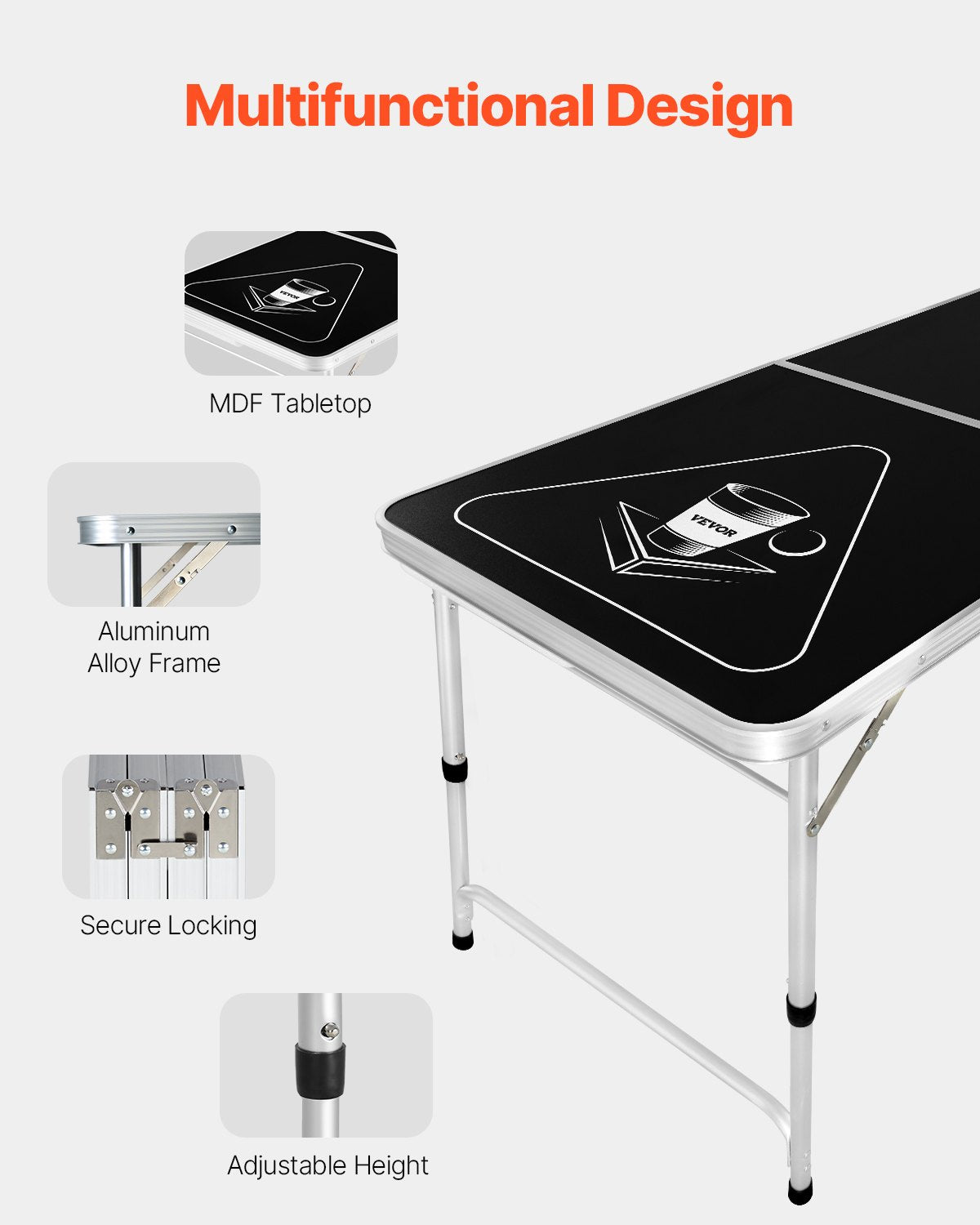 8 Foot Portable Beer Pong Table, Foldable Tailgate Table,Carrying Handles and 6 Pong Balls, Adjustable Height, Lightweight Table for Office, Tailgate Party, Travel and Camping, Black