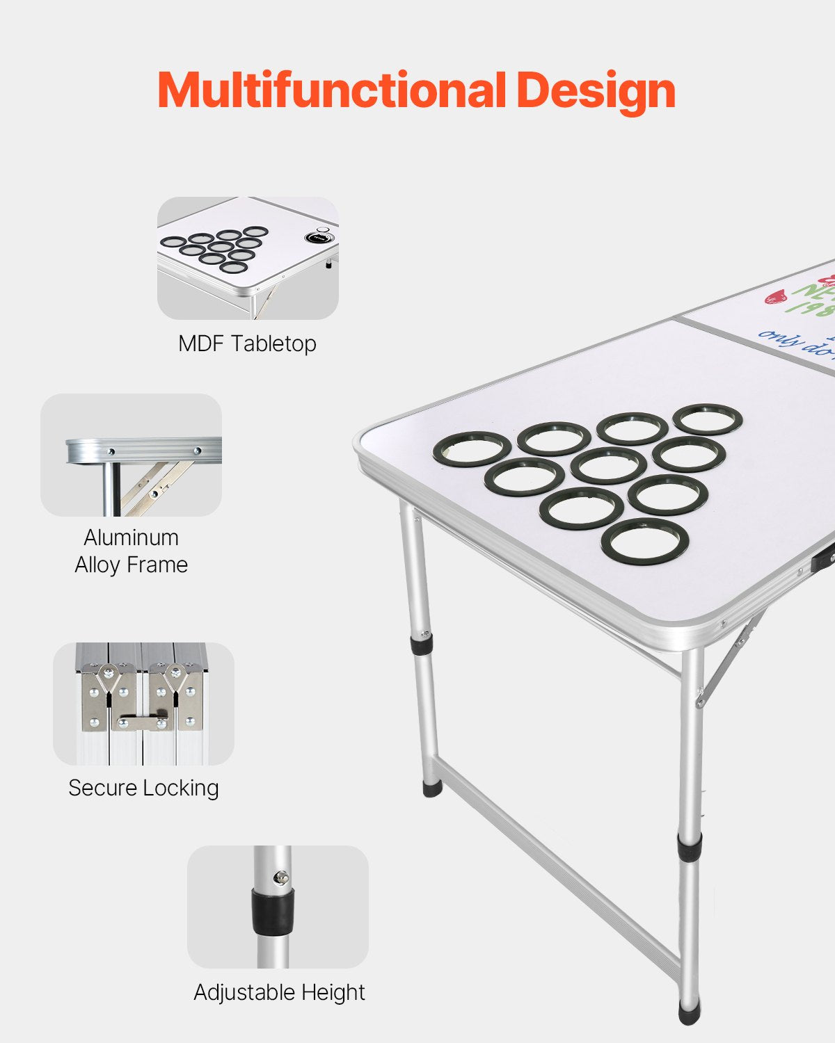 8 Foot Portable Beer Pong Table, Folding Tailgate Table, Cup Holes, Dry Erase Markers and Carrying Handles, Adjustable Height, Lightweight Table for Office, Tailgate Party & Camping, White