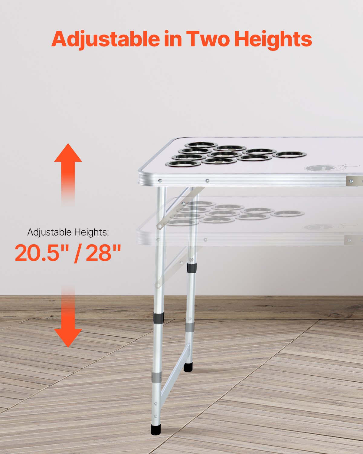 8 Foot Portable Beer Pong Table, Folding Tailgate Table, Cup Holes, Dry Erase Markers and Carrying Handles, Adjustable Height, Lightweight Table for Office, Tailgate Party & Camping, White