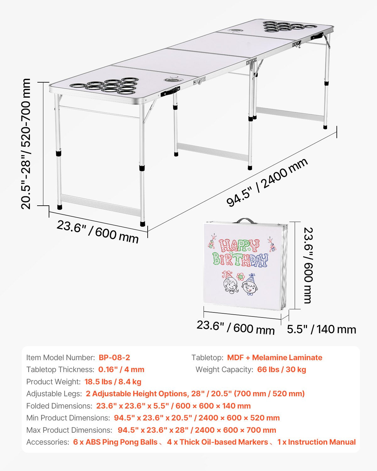 8 Foot Portable Beer Pong Table, Folding Tailgate Table, Cup Holes, Dry Erase Markers and Carrying Handles, Adjustable Height, Lightweight Table for Office, Tailgate Party & Camping, White