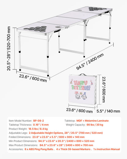 8 Foot Portable Beer Pong Table, Folding Tailgate Table, Cup Holes, Dry Erase Markers and Carrying Handles, Adjustable Height, Lightweight Table for Office, Tailgate Party & Camping, White