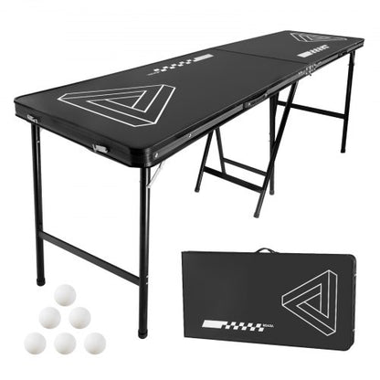 8 Foot Portable Beer Pong Table, Foldable 36 inch Heightened Table, Carrying Handles and 6 Pong Balls, Lightweight Tailgate Table for Office, Tailgate Party, Travel & Camping, Black