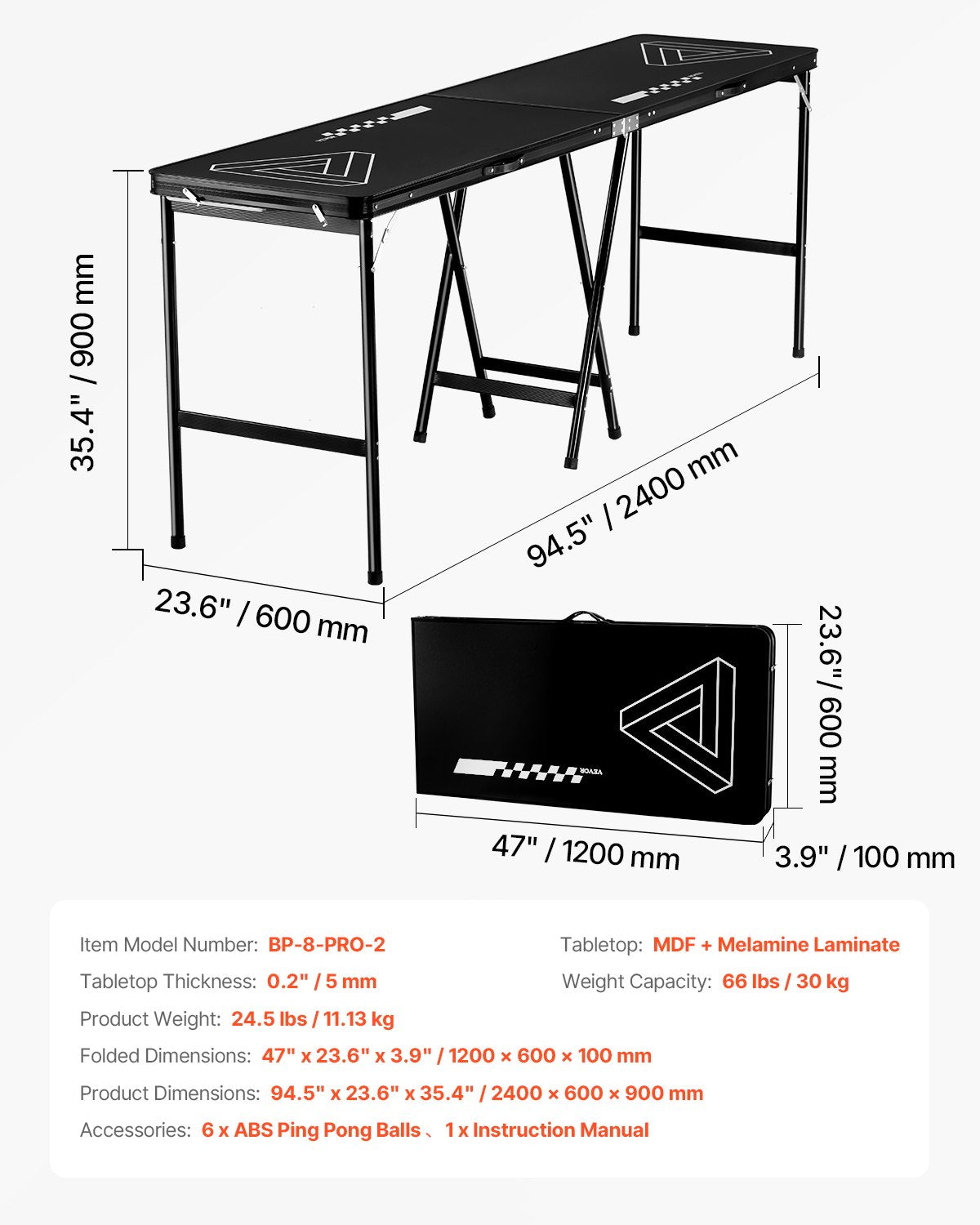 8 Foot Portable Beer Pong Table, Foldable 36 inch Heightened Table, Carrying Handles and 6 Pong Balls, Lightweight Tailgate Table for Office, Tailgate Party, Travel & Camping, Black