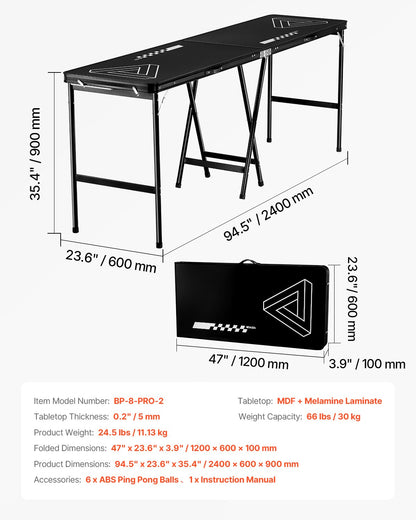 8 Foot Portable Beer Pong Table, Foldable 36 inch Heightened Table, Carrying Handles and 6 Pong Balls, Lightweight Tailgate Table for Office, Tailgate Party, Travel & Camping, Black