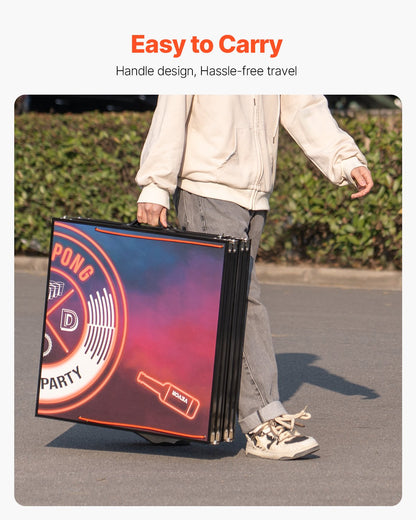 8 Foot Portable Beer Pong Table, LED Lights, Foldable Tailgate Table with Carrying Handles and 6 Pong Balls, Adjustable Height, Lightweight Table for Office, Tailgate Party, Travel & Camping