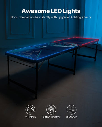 8 Foot Portable Beer Pong Table, LED Lights, Foldable Tailgate Table with Carrying Handles and 6 Pong Balls, Adjustable Height, Lightweight Table for Office, Tailgate Party, Travel & Camping