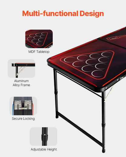 8 Foot Portable Beer Pong Table, LED Lights, Foldable Tailgate Table with Carrying Handles and 6 Pong Balls, Adjustable Height, Lightweight Table for Office, Tailgate Party, Travel & Camping