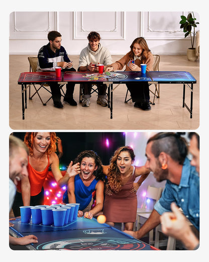 8 Foot Portable Beer Pong Table, LED Lights, Foldable Tailgate Table with Carrying Handles and 6 Pong Balls, Adjustable Height, Lightweight Table for Office, Tailgate Party, Travel & Camping