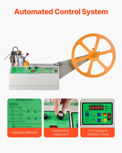 Automatic Webbing Cutting Machine, Hot and Cold Ribbon Cutting Machine with Adjustable Temperature and LCD Display, Zipper Tapes Cutter for Nylon Webbing, Elastic Bands, Shoelaces