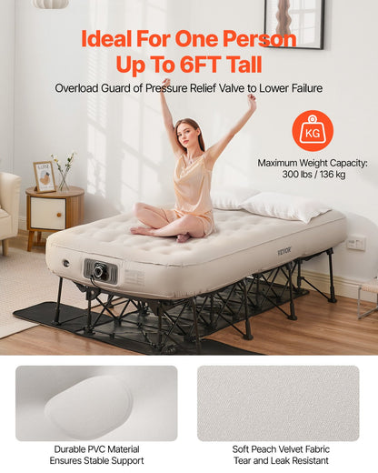 Air Mattress with Frame, Inflatable 1 Person Camping Cot with Built-in Pump, Portable Folding Air Beds Supports 300 lbs, Blow Up Anywhere Bed for Guests Camping Travel Indoor & Outdoor Use
