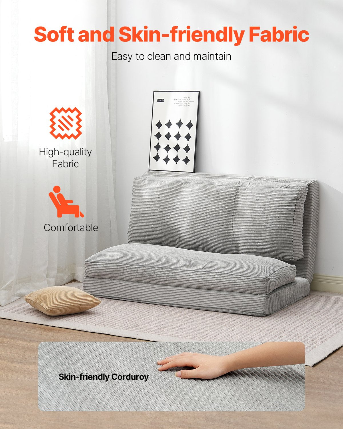 Hopfällbar bäddsoffa, 3-i-1 hopfällbar bäddsoffa med tvättbart överdrag, 25D högdensitetsminnesskum, bäddsoffa med fällbar bädd, futonsoffa för vardagsrum, sovrum, gästrum, ljusgrå (hel)