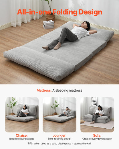 Hopfällbar bäddsoffa, 3-i-1 hopfällbar bäddsoffa med tvättbart överdrag, 25D högdensitetsminnesskum, bäddsoffa med fällbar bädd, futonsoffa för vardagsrum, sovrum, gästrum, ljusgrå (hel)