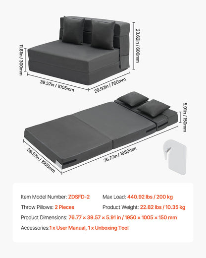 Folding Sofa Bed, 3-in-1 Foldable Couch Bed with 2 Pillows and Washable Cover, 25D High Density Memory Foam Convertible Sleeper Chair Bed, Futon Couch for Living Room, Bedroom, Dark Grey(Twin)