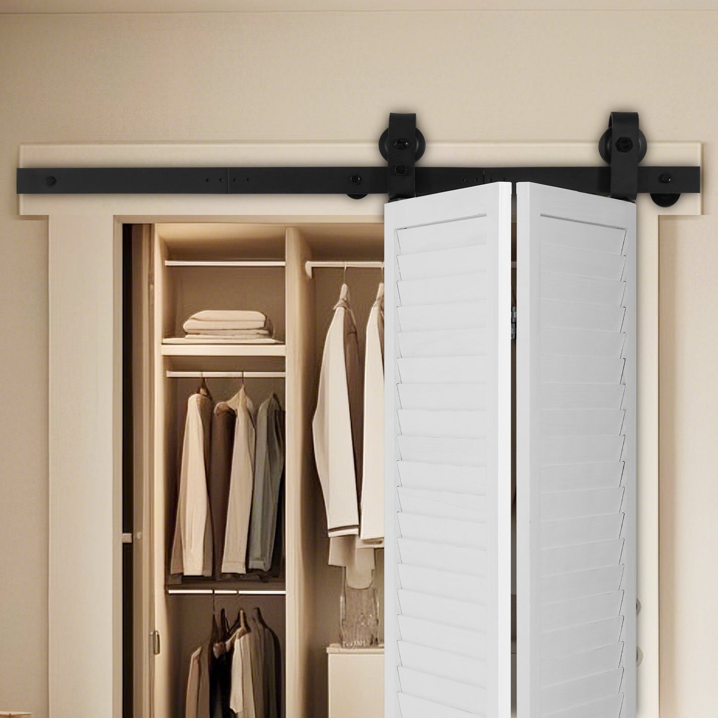 Bi-Folding Sliding Barn Door Hardware Track Kit, 40" Top Mount Track Kit, Slide Smoothly & Quietly, Heavy Duty, Easy to Install, Suitable for Two 18" Closet Pantry Laundry Doors (Not Included)