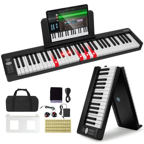 61 Key Folding Keyboard Piano, Bluetooth & MIDI, Portable Electronic Digital Foldable Piano with Sustain Pedal Touch Sensitive Lighted Keys Bag, Rechargeable for Beginners Teens Adults, Black