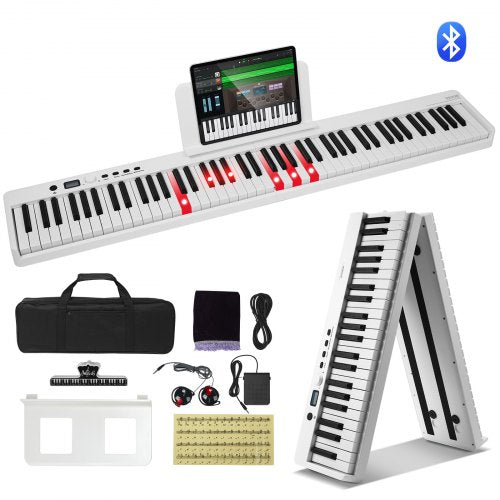 88 Key Folding Keyboard Piano, Bluetooth & MIDI, Portable Electronic Digital Foldable Piano with Sustain Pedal Bag Touch Sensitive Keys Headphones, Rechargeable for Beginners Teens Adults, White