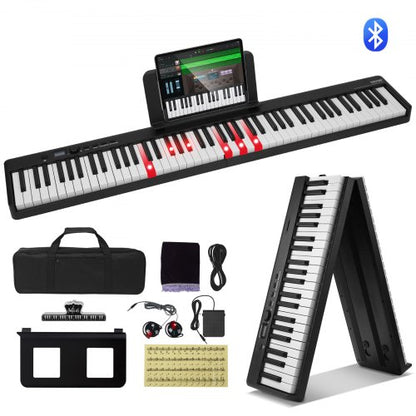 Hopfällbart keyboard med 88 tangenter, Bluetooth och MIDI, bärbart elektroniskt digitalt hopfällbart piano med sustainpedalväska, anslagskänsliga tangenter, hörlurar, laddningsbart för nybörjare, tonåringar och vuxna, svart