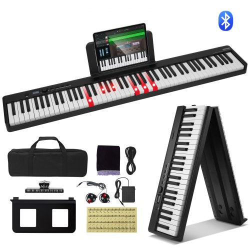 88 Key Folding Keyboard Piano, Bluetooth & MIDI, Portable Electronic Digital Foldable Piano with Sustain Pedal Bag Touch Sensitive Keys Headphones, Rechargeable for Beginners Teens Adults, Black