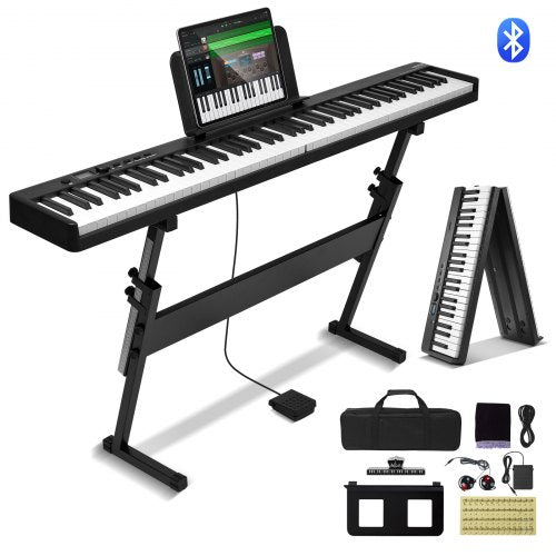 88 Key Folding Keyboard Piano, Bluetooth & MIDI, Portable Electronic Digital Foldable Piano with Stand Sustain Pedal Bag Touch Sensitive Keys, Rechargeable for Beginners Teens Adults, Black