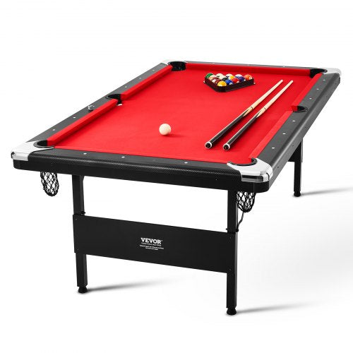 Billiards Table, 213 cm Pool Table, Portable Foldable Space-Saving Table, Billiard Table Set Includes Balls, Cues, Chalks and Brush, Black with Red Cloth, Perfect for Family Game Room Kids Adults