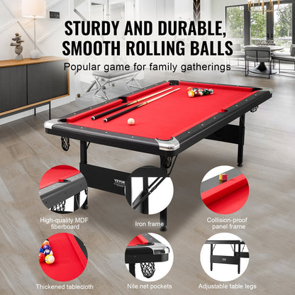 Billiards Table, 213 cm Pool Table, Portable Foldable Space-Saving Table, Billiard Table Set Includes Balls, Cues, Chalks and Brush, Black with Red Cloth, Perfect for Family Game Room Kids Adults