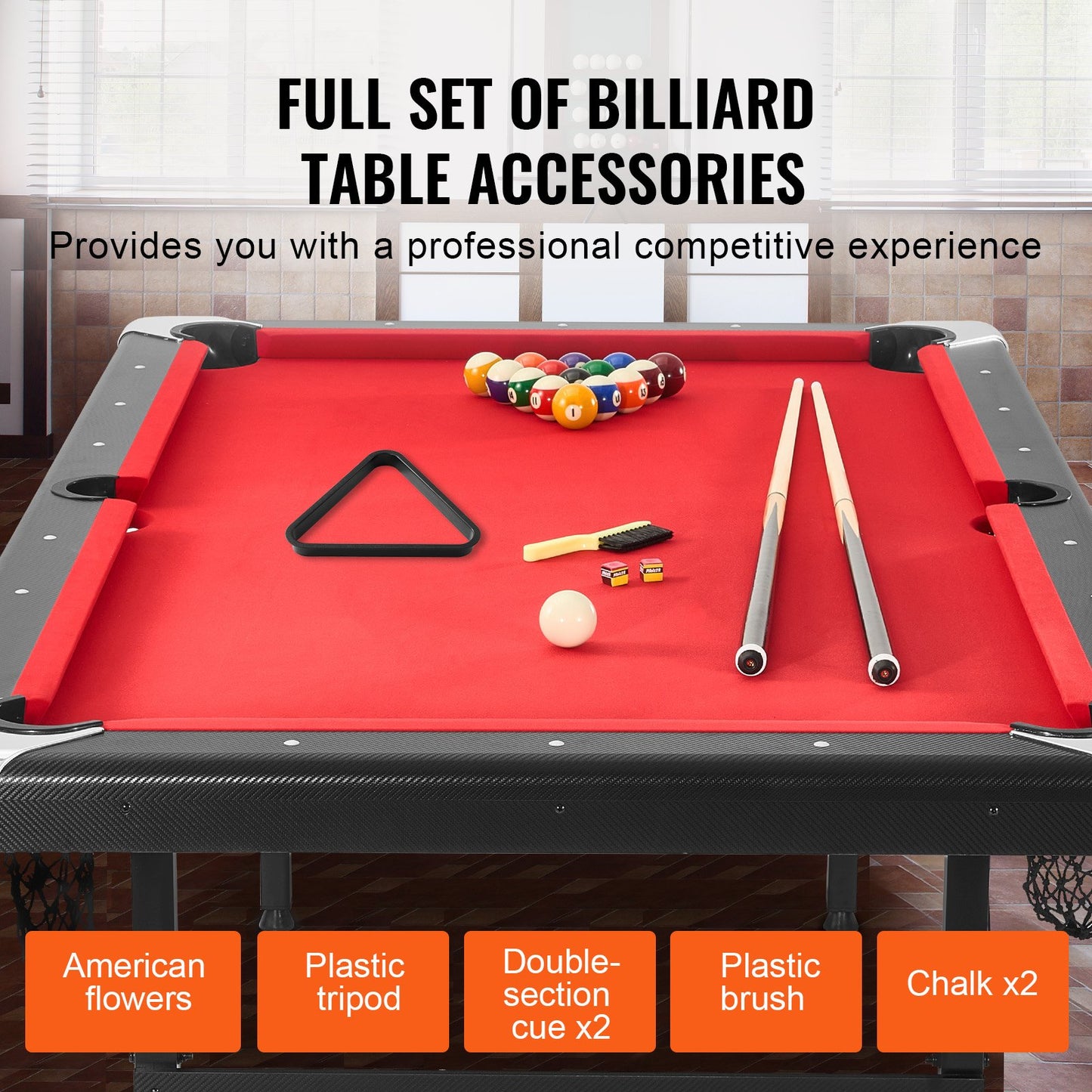 Billiards Table, 213 cm Pool Table, Portable Foldable Space-Saving Table, Billiard Table Set Includes Balls, Cues, Chalks and Brush, Black with Red Cloth, Perfect for Family Game Room Kids Adults