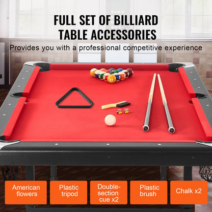 Billiards Table, 213 cm Pool Table, Portable Foldable Space-Saving Table, Billiard Table Set Includes Balls, Cues, Chalks and Brush, Black with Red Cloth, Perfect for Family Game Room Kids Adults