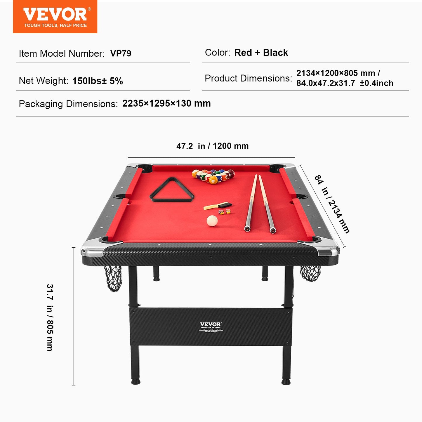 Billiards Table, 213 cm Pool Table, Portable Foldable Space-Saving Table, Billiard Table Set Includes Balls, Cues, Chalks and Brush, Black with Red Cloth, Perfect for Family Game Room Kids Adults