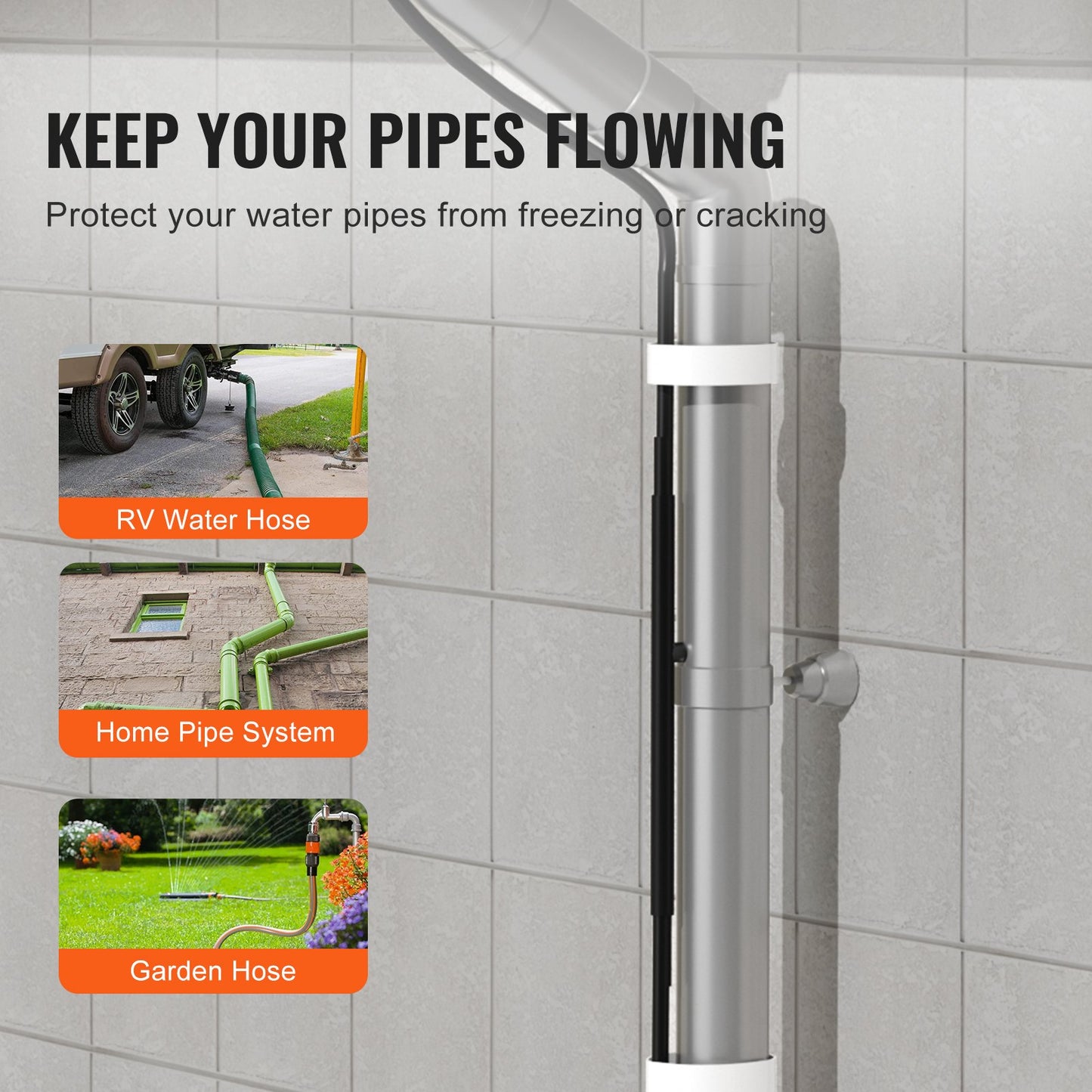 Självreglerande rörvärmekabel, 24,4 m 16,4 W/m värmetejp för rör frysskydd, vattenrörsvärmekabel med inbyggd termostat skyddar PVC-slang, metall- och plaströr från frysning