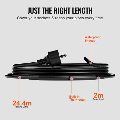 Självreglerande rörvärmekabel, 24,4 m 16,4 W/m värmetejp för rör frysskydd, vattenrörsvärmekabel med inbyggd termostat skyddar PVC-slang, metall- och plaströr från frysning