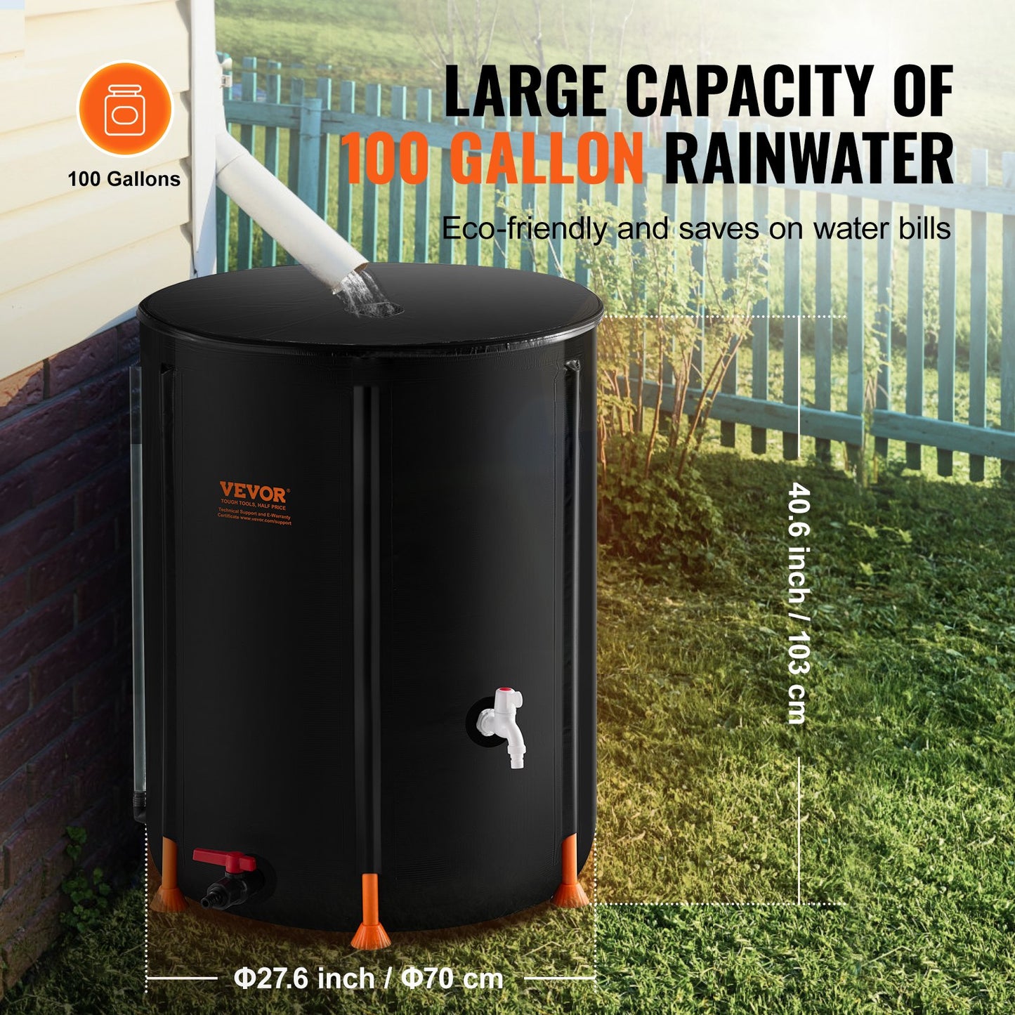 Collapsible Rain Barrel 378.5 L Rain Catcher with Spigots and Overflow Kit