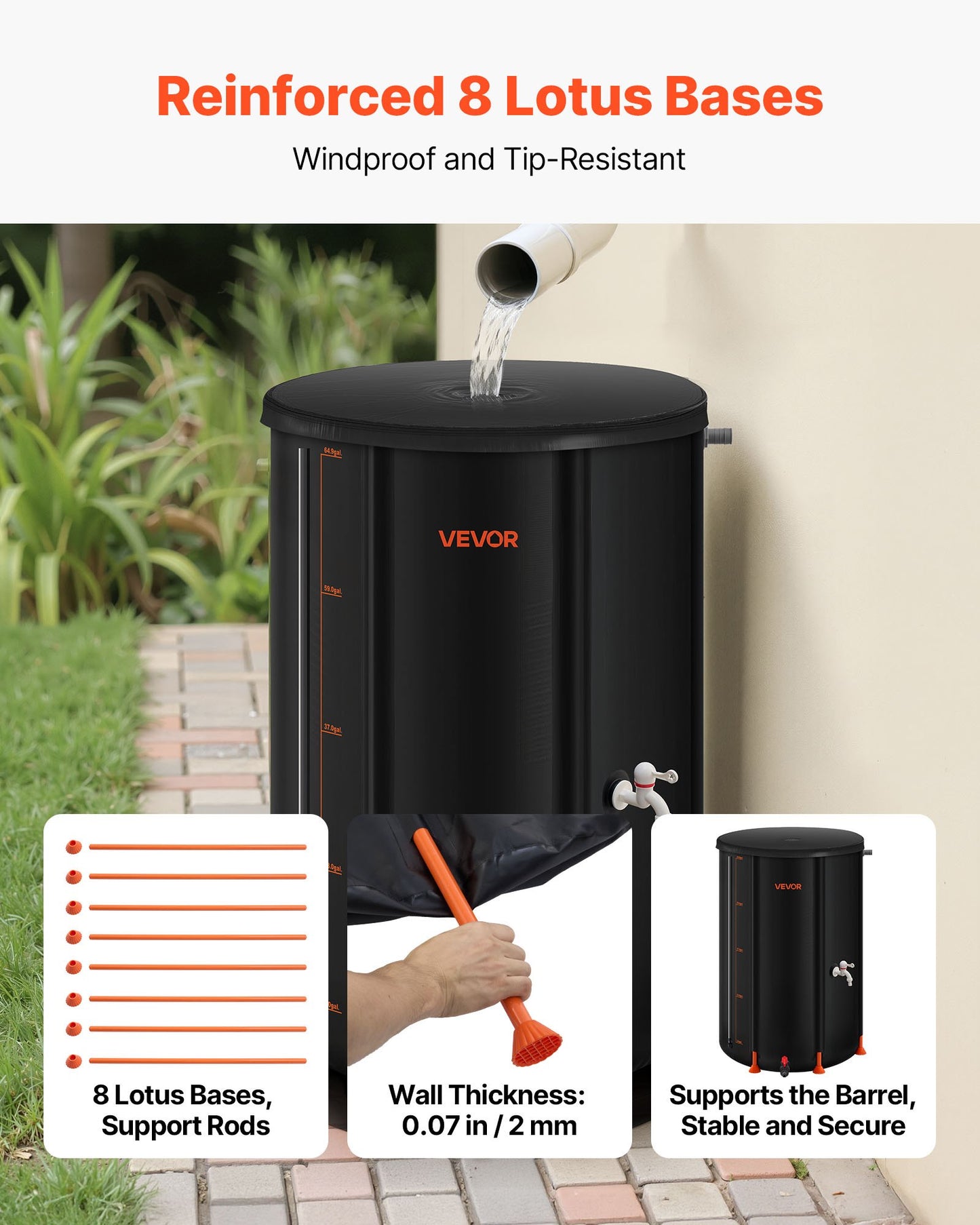 Hopfällbar regntunna, 250 l bärbar regnvattentunna, 500D PVC-regnvattenuppsamlingssystem, trädgårdsvattenuppsamlare med kran och överfyllningskit, svart