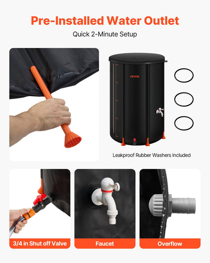 Hopfällbar regntunna, 250 l bärbar regnvattentunna, 500D PVC-regnvattenuppsamlingssystem, trädgårdsvattenuppsamlare med kran och överfyllningskit, svart