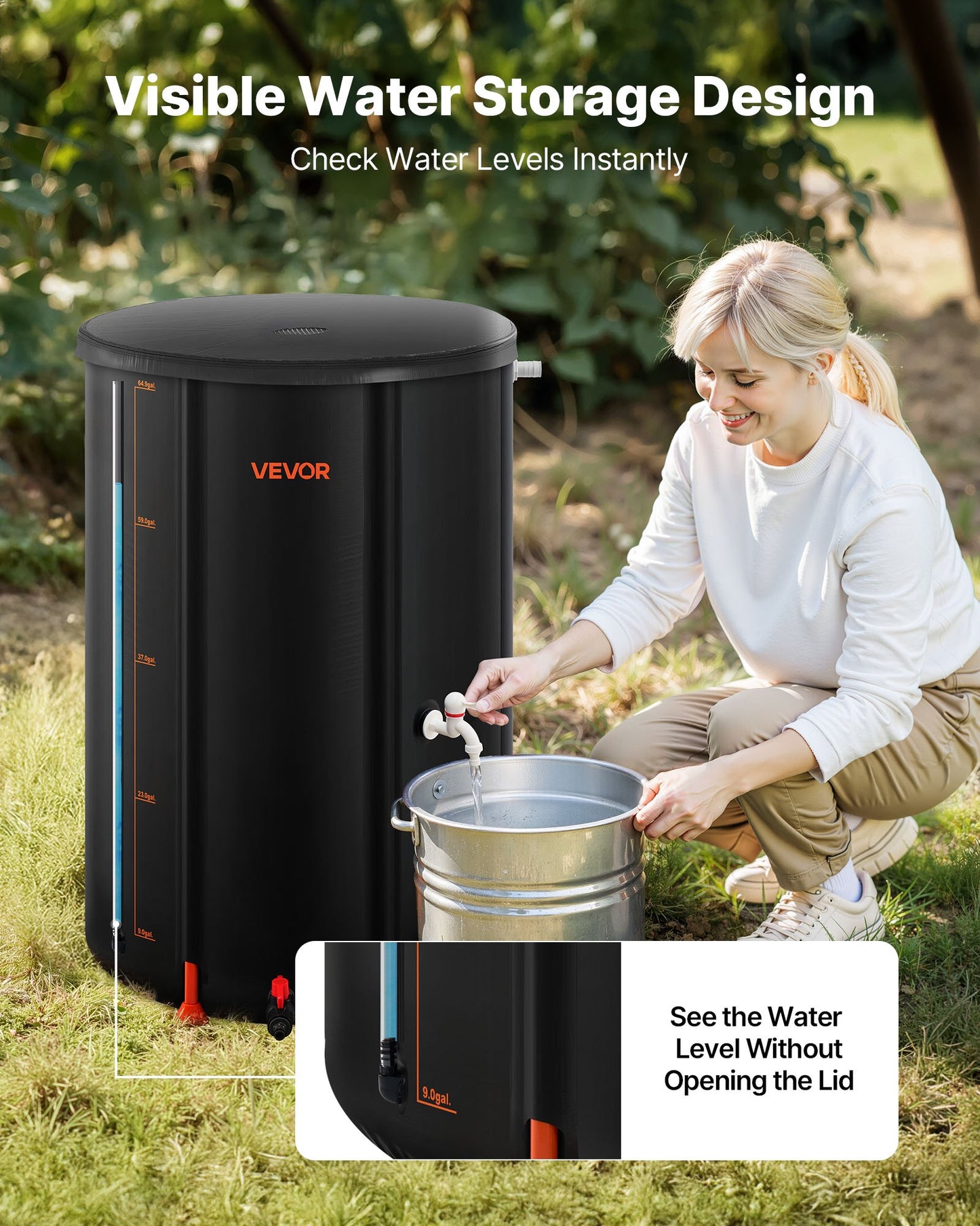 Hopfällbar regntunna, 250 l bärbar regnvattentunna, 500D PVC-regnvattenuppsamlingssystem, trädgårdsvattenuppsamlare med kran och överfyllningskit, svart