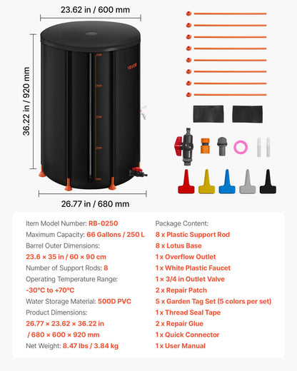 Hopfällbar regntunna, 250 l bärbar regnvattentunna, 500D PVC-regnvattenuppsamlingssystem, trädgårdsvattenuppsamlare med kran och överfyllningskit, svart