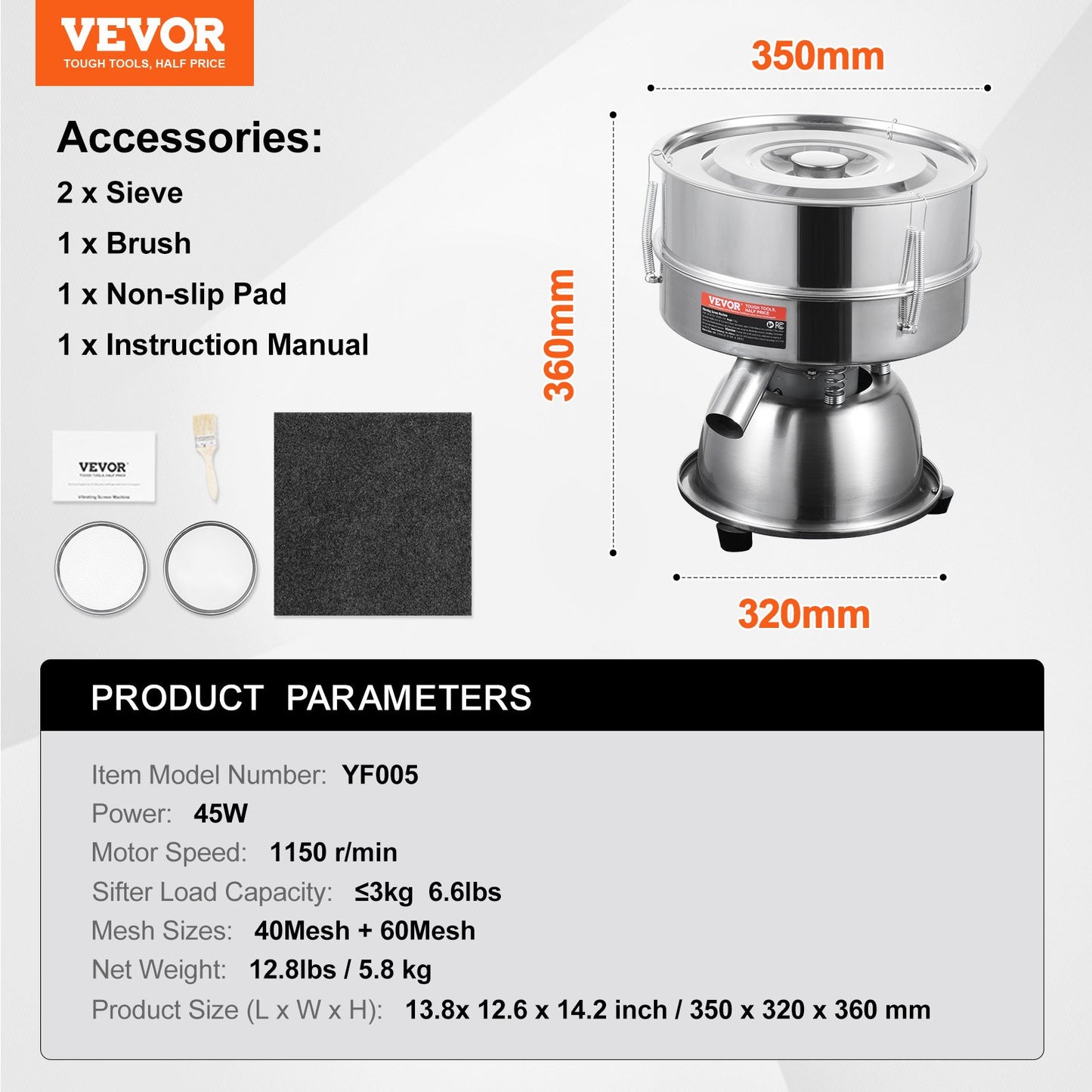 Automatic Electric Vibrating Sieve, Stainless Steel Sifter Shaker Machine with 40+60 Mesh, 45W Automatic Powder Sifter Machine Countertop, Electric Sieve Shaker for Flour Powers, Mungbean, Rice