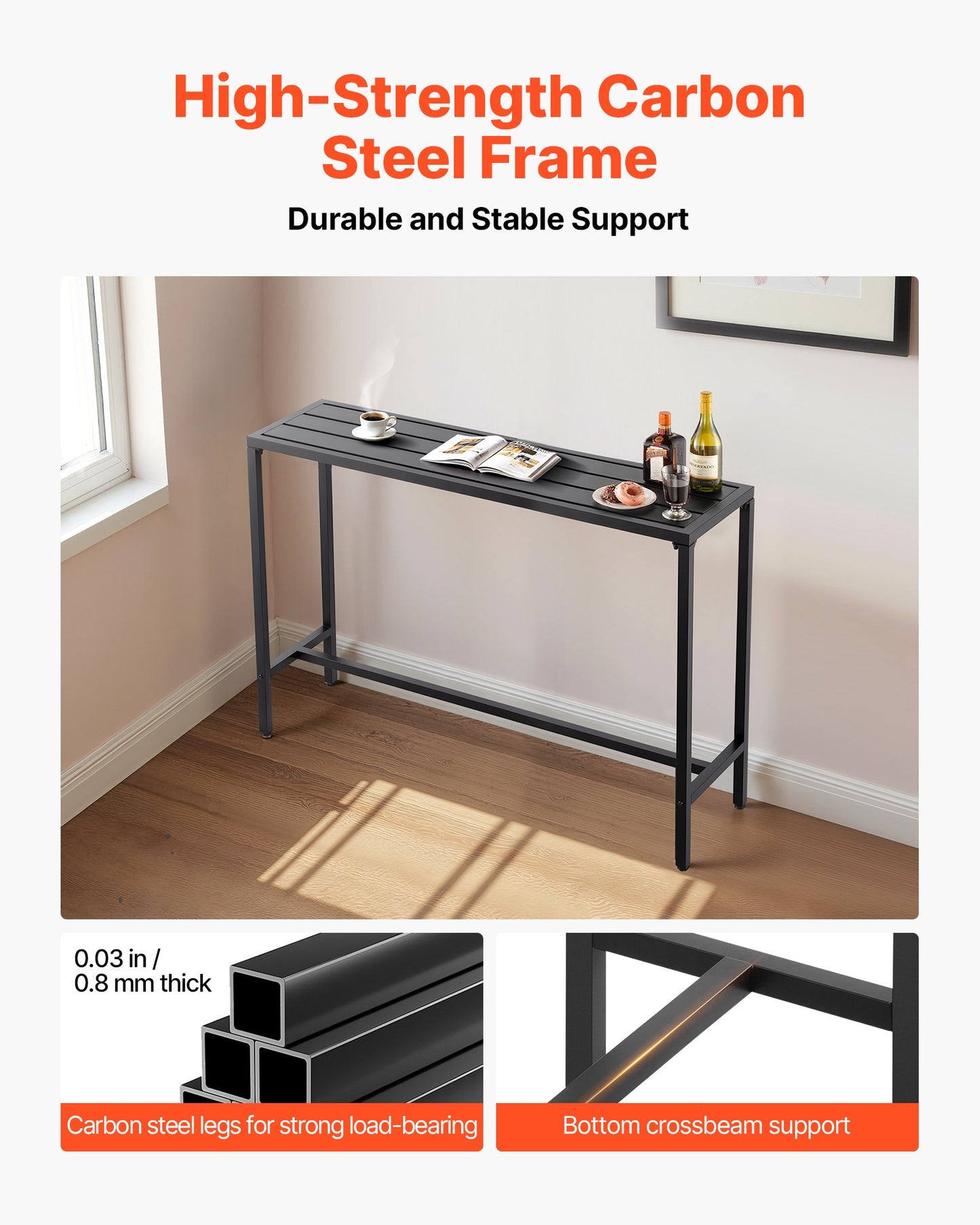 Outdoor Bar Table, 140 x 37.5 cm Patio Bar Table, Waterproof Top & Sturdy Metal Frame, Rectangle Counter Height Dining Tables, Outdoor Furniture for Balcony, Yard, Hot Tub, Poolside, Indoor