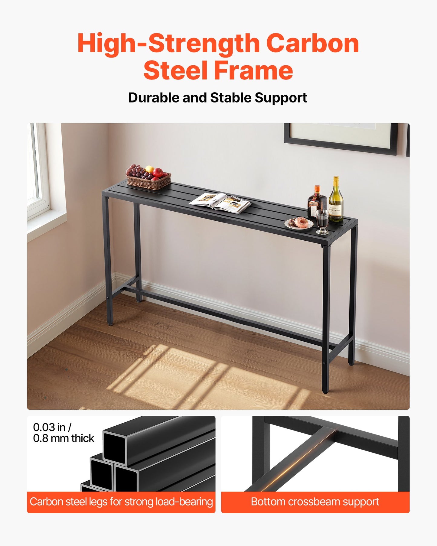 Barbord för utomhusbruk, 160 x 37,5 cm barbord för uteplats, vattentät bordsskiva och robust metallram, matbord i rektangulär bänkhöjd, utemöbler för balkong, trädgård, bubbelpool, pool, inomhusbruk