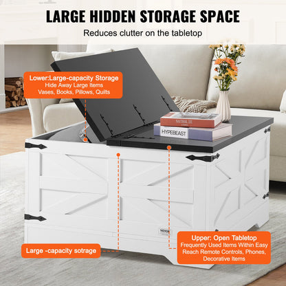 31.5" Farmhouse Coffee Table, Hinged Square Coffee Table with Large Storage Compartment, Wooden Rustic Cocktail Table for Living Room, Bedroom, Apartment, Studio, Gray & White