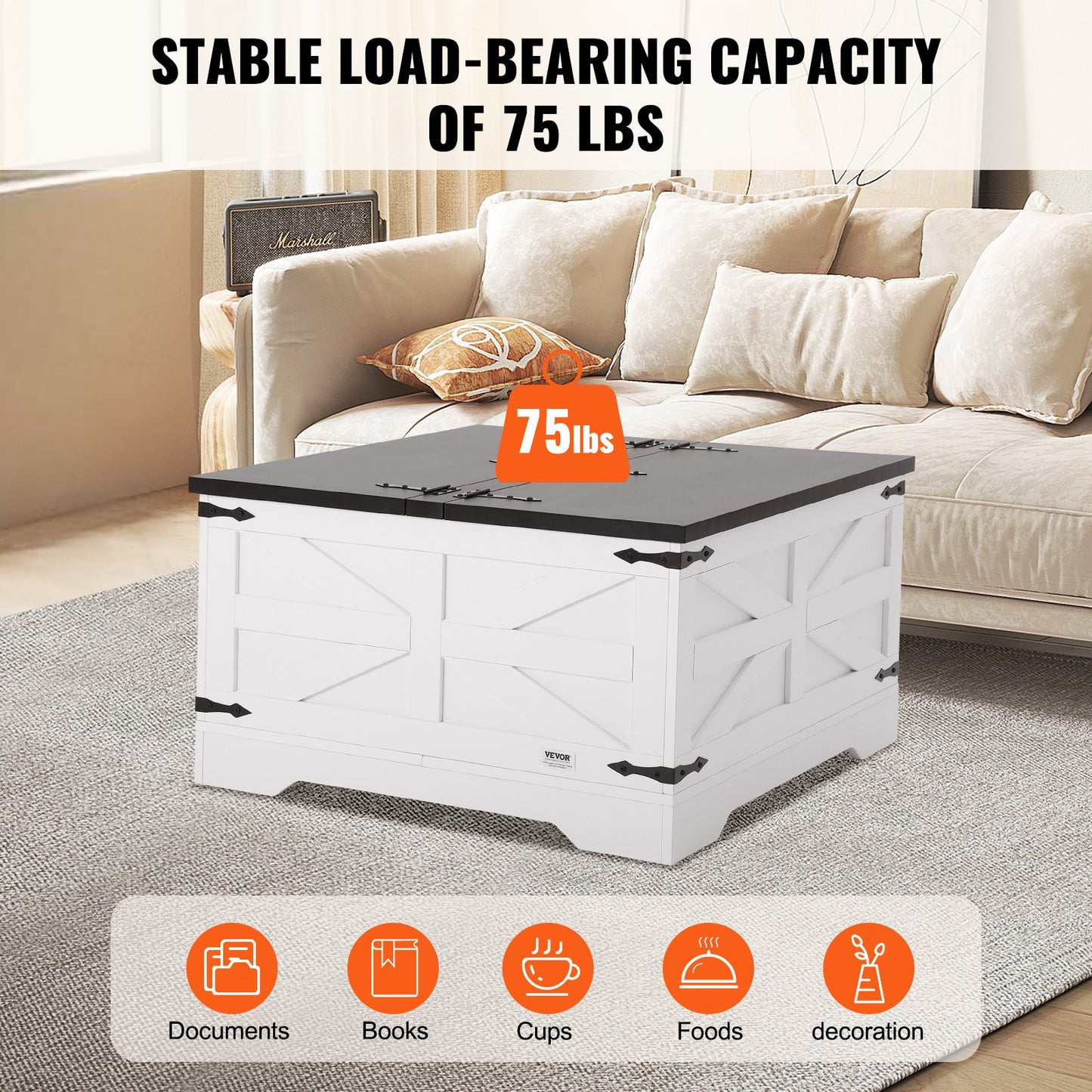 31.5" Farmhouse Coffee Table, Hinged Square Coffee Table with Large Storage Compartment, Wooden Rustic Cocktail Table for Living Room, Bedroom, Apartment, Studio, Gray & White