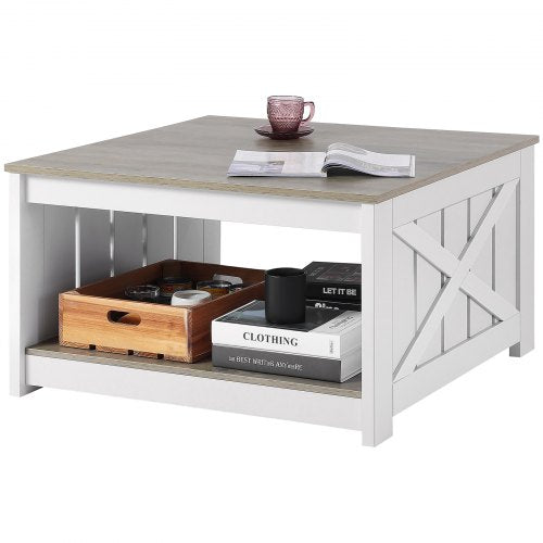 31.5" Farmhouse Coffee Table, Square Coffee Table with Open Storage Compartment, Wooden Rustic Cocktail Table for Living Room, Bedroom, Apartment, Studio, Gray & White