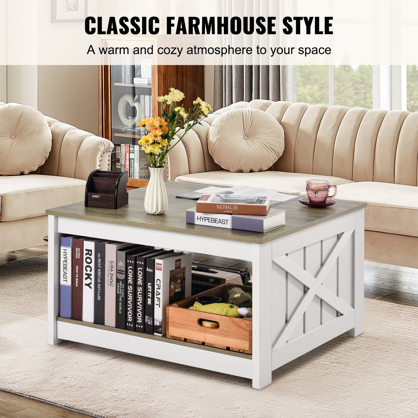31.5" Farmhouse Coffee Table, Square Coffee Table with Open Storage Compartment, Wooden Rustic Cocktail Table for Living Room, Bedroom, Apartment, Studio, Gray & White