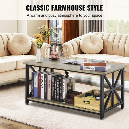 40" Farmhouse Coffee Table, Rectangle Coffee Table with Open Storage Compartment, Wooden Rustic Cocktail Table for Living Room, Bedroom, Apartment, Studio, Brown & Black
