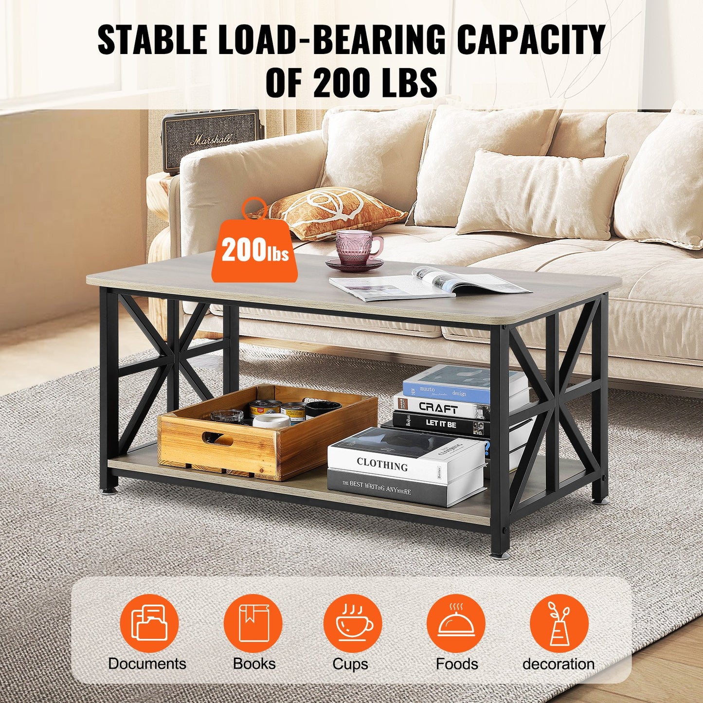 40" Farmhouse Coffee Table, Rectangle Coffee Table with Open Storage Compartment, Wooden Rustic Cocktail Table for Living Room, Bedroom, Apartment, Studio, Brown & Black