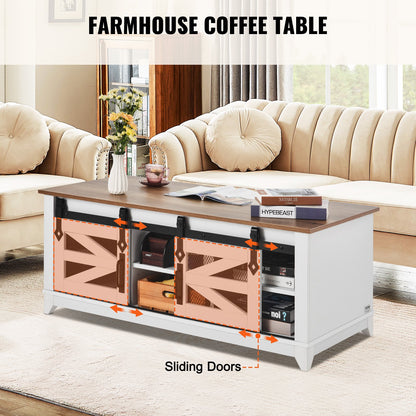 48" Farmhouse Coffee Table, Rectangle Coffee Table with 2 Sliding Barn Doors, 2 Tiers Wooden Rustic Table with Removable Shelves for Living Room, Bedroom, Apartment, or Studio, White & Natural
