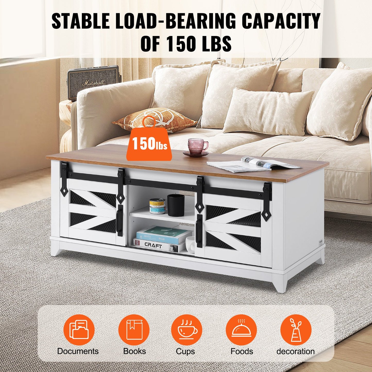 48" Farmhouse Coffee Table, Rectangle Coffee Table with 2 Sliding Barn Doors, 2 Tiers Wooden Rustic Table with Removable Shelves for Living Room, Bedroom, Apartment, or Studio, White & Natural